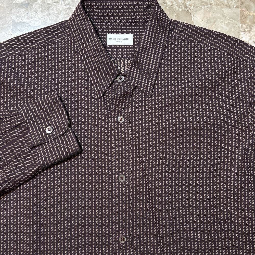 Dries Van Noten Shirt Mens Large 50 Brown Long Sleeve Button Geometric Cotton